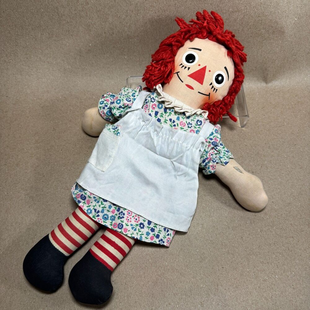 VTG 1970s Knickerbocker Raggedy Ann Doll 15" Cloth Rag Doll Floral Dress Apron